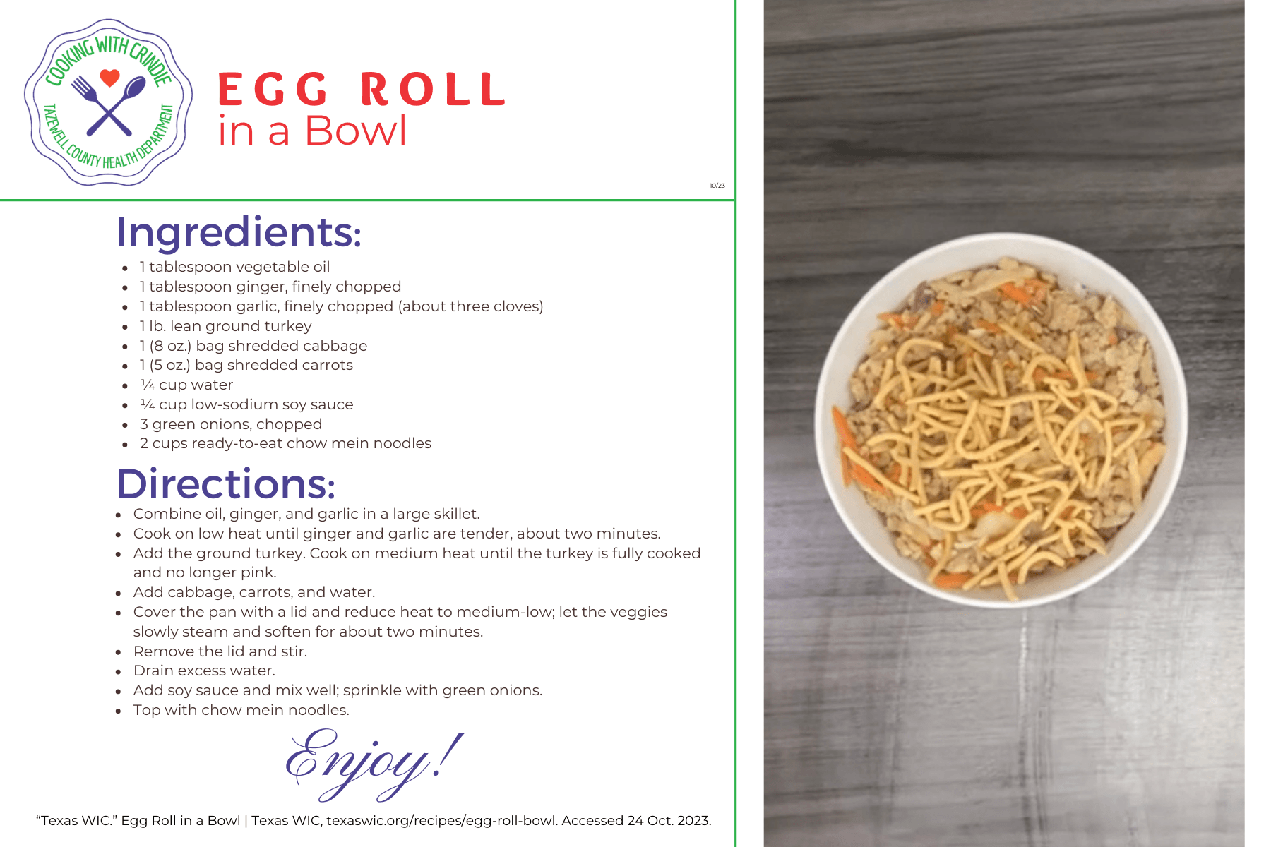 CWC - Egg Roll in a Bowl - Recipe Card